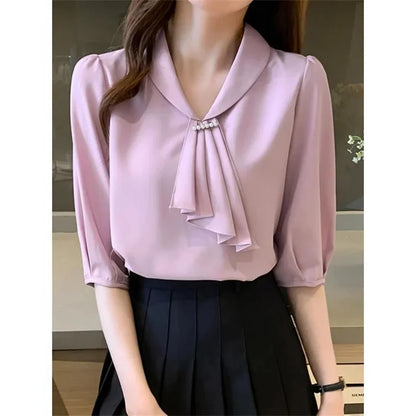 Blouses chemises d'été pour femmes, élégantes, style bureau, OL, manches courtes, col lavallière, couleur rose