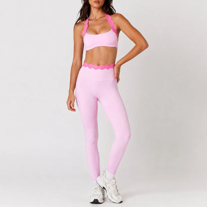 Women 2 Piece Yoga Set Contrast Scalloped Trim Halter Sports Bra Criss‑Cross Back High Waist Leggings Workout Clothes Gym Set
