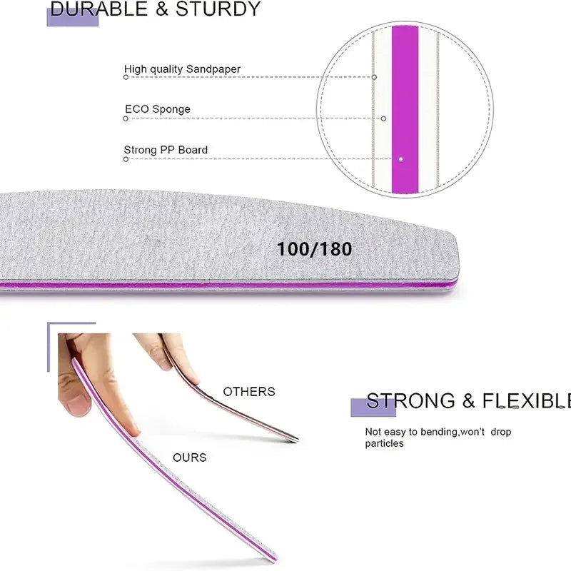 2pcs Double Sided Nail Files Set 100/180 Grit Reusable Sandpaper Polishers for Acrylic Nails Manicure Tools