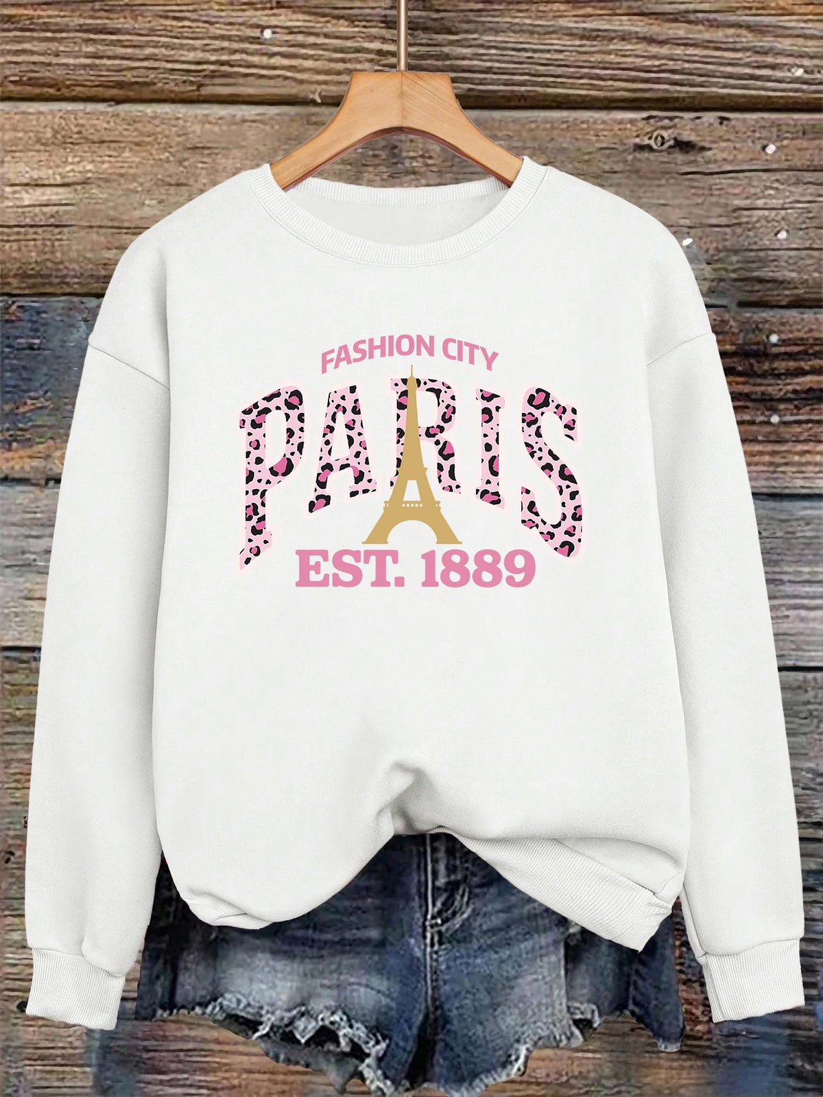 Pull Femme Imprimé Léopard Rose Paris 1889 Col Rond Sweat-shirt Décontracté Ample Vêtement Polaire Hip Hop Sportswear