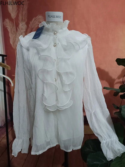 2023 Women Korean Style Design Clothes Flare Sleeve Elegant Office Lady Cute Sweet Basic Shirts Blouses