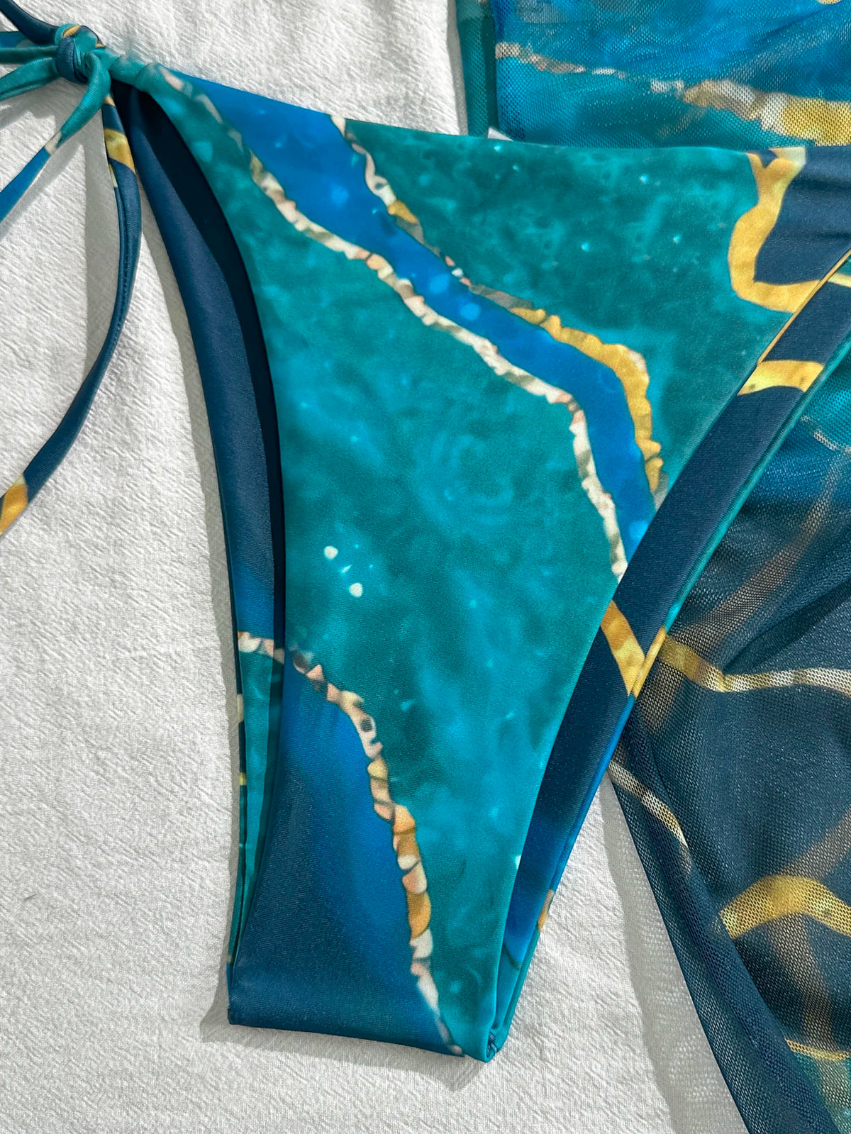 Women's Three-Piece Swimsuit Set, Blue Marble Print, Sexy Bikini with Tie-Up Triangle Top, Tie-Up Briefs, Mesh Skirt, Wrap Skirt, Beach Swimwear