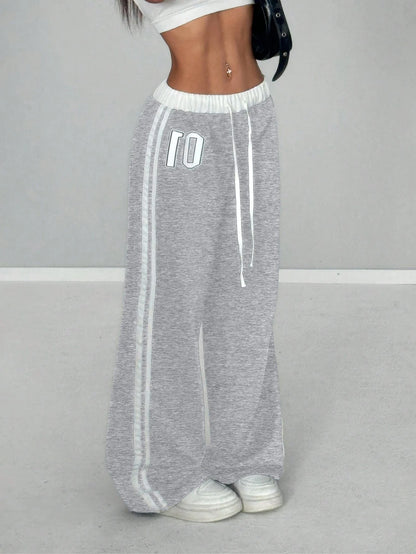 Women’s Colour-Blocked Digital-Print Belted Patchwork Casual Sports Streetwear Loose-Fit Long Sports Trousers
