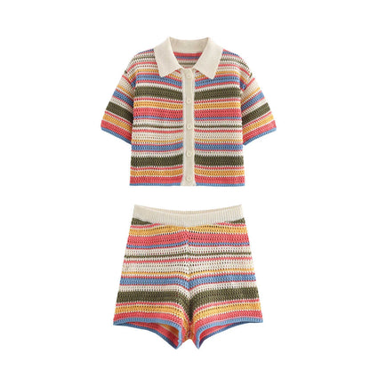 Women Patchwork Striped Hollow Out Crochet Knitted Crop Sweater Shorts Set Short Sleeve Polo Collar Sweater Knit Shorts Suit Y2K