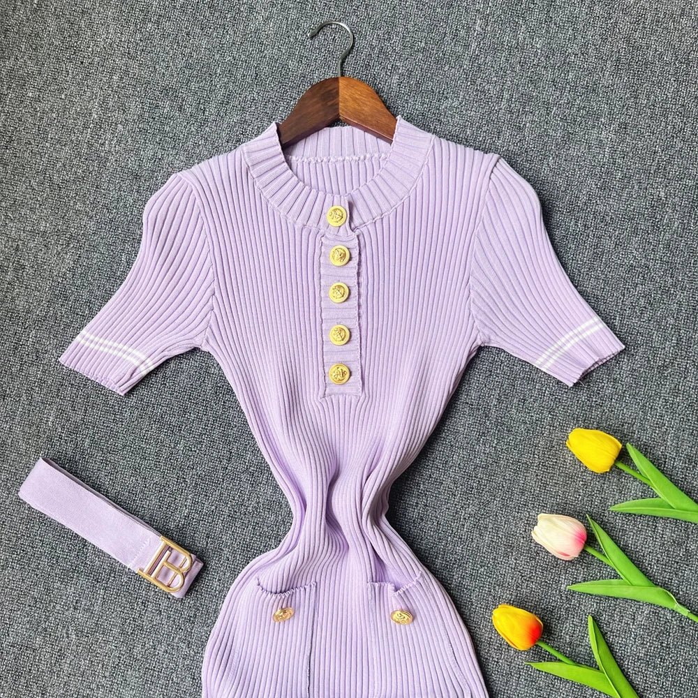YuooMuoo 2026 Autumn Winter Women Knitted Dress Brand Fashion O-neck Buttons Bodycon Sweater Dress with Belt Lady Office Dress