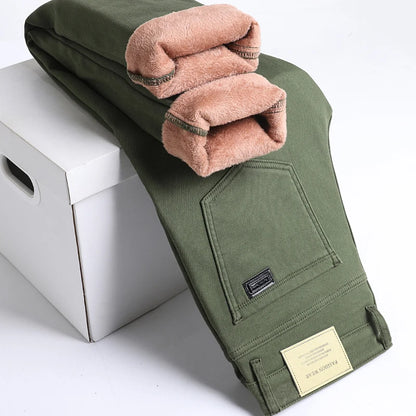 Winter Fleece Jeans Men's Cotton Soft Elastic Fit Straight Warm Plus Velvet Denim Pants Thick Fashion Korean Casual Trousers