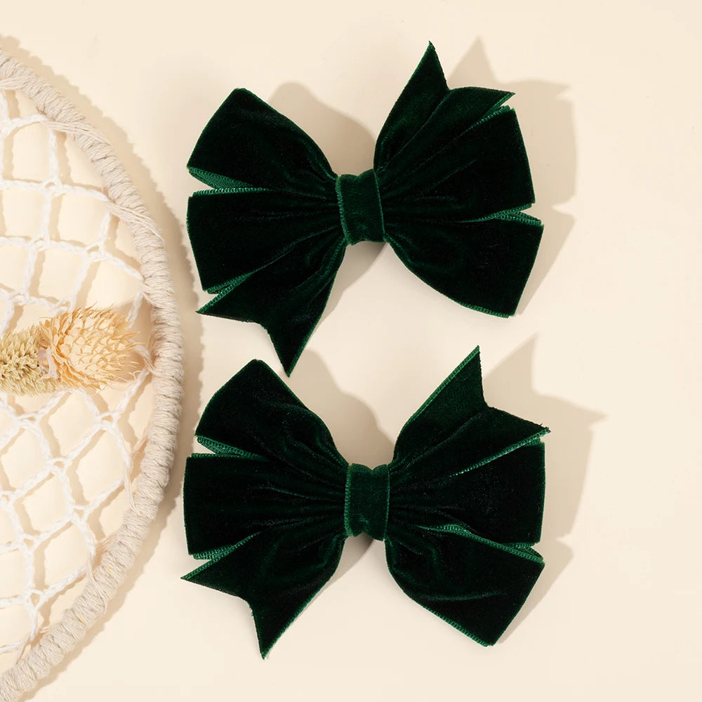 2Pcs Solid Velvet Bow Hair Clips Sweet Vintage Handmade Bownot Hairpins For Girls Children Fall Winter Headwear Hair Accessories