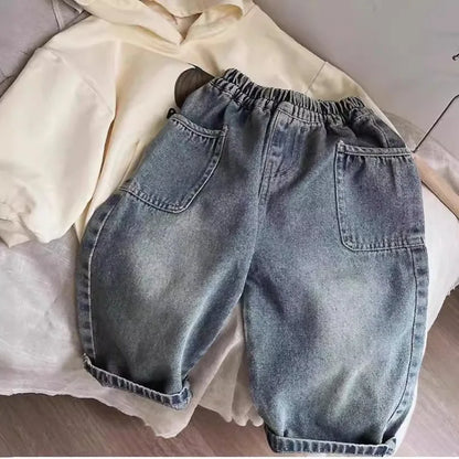 2025 Autumn Kids Pants Boys Pockets Design Denim Trousers Loose Style Baby Girls Jeans 1-6T Trendy Children Grinding White Pants