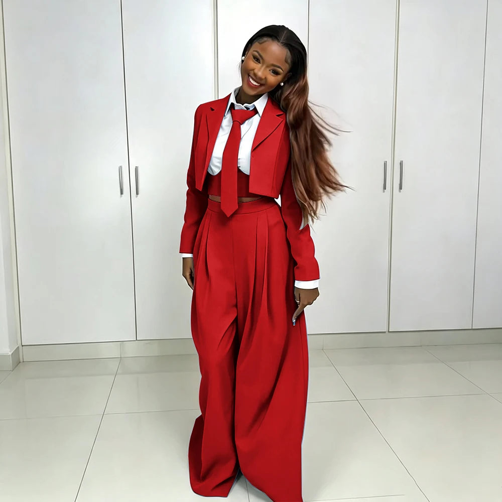 Women's Red Suit Two Piece Set Short Blazer+Wide Leg Pants Elegant Formal Fashion Daily Smart Casual Party Tuxedo Customized