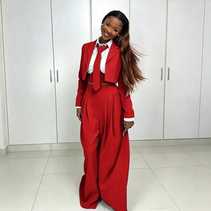 Women's Red Suit Two Piece Set Short Blazer+Wide Leg Pants Elegant Formal Fashion Daily Smart Casual Party Tuxedo Customized