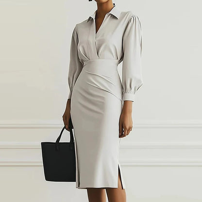 Spring Summer Puff Sleeve Simple Maxi Dress, Women Holiday Solid Patchwork Chic Party Dress, 2025 New V Neck Casual Ladies Dress