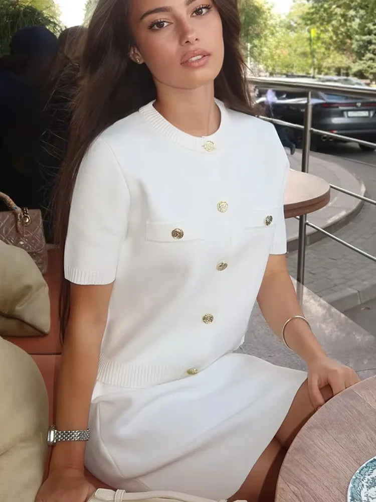 HH Women's Elegant Suit Round Collar Single-Breasted With Short Sleeve Pocket Knitted Top+Elastic Waist Mini Skirt Set