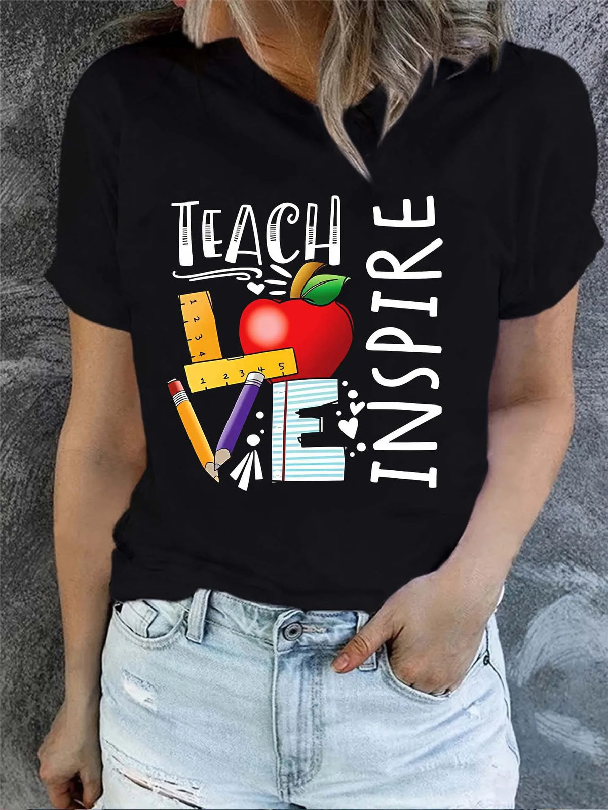 T-shirts à manches courtes imprimé lettres pour enseignante, col rond, haut décontracté pour l'été et le printemps, vêtements pour femmes, design classique, tendance décontractée