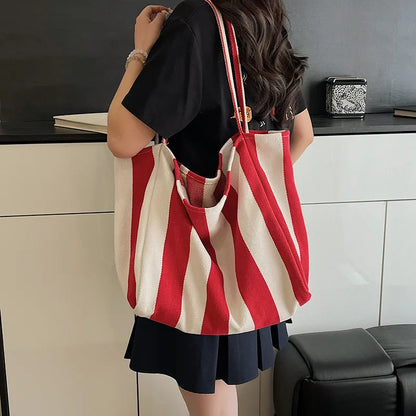 Summer Stripe Canvas Tote Bag Female Casual Large Capcity Simple Shoulder Bags Shopping Handbag Daily Totes Bag