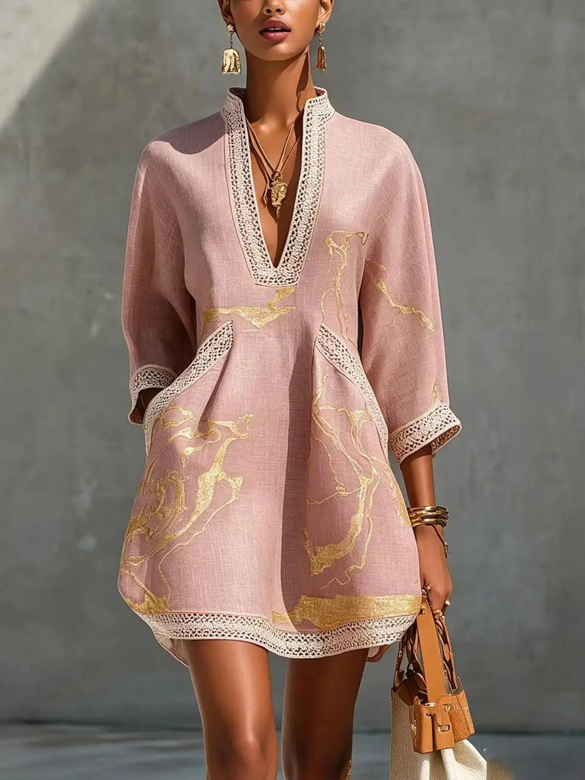 B Elegant Mini Dress for Women Fashion Lace Trim V Neck Abstract Print 3/4 Sleeve Pocket Dress Casual Commuting Vacation Dresses