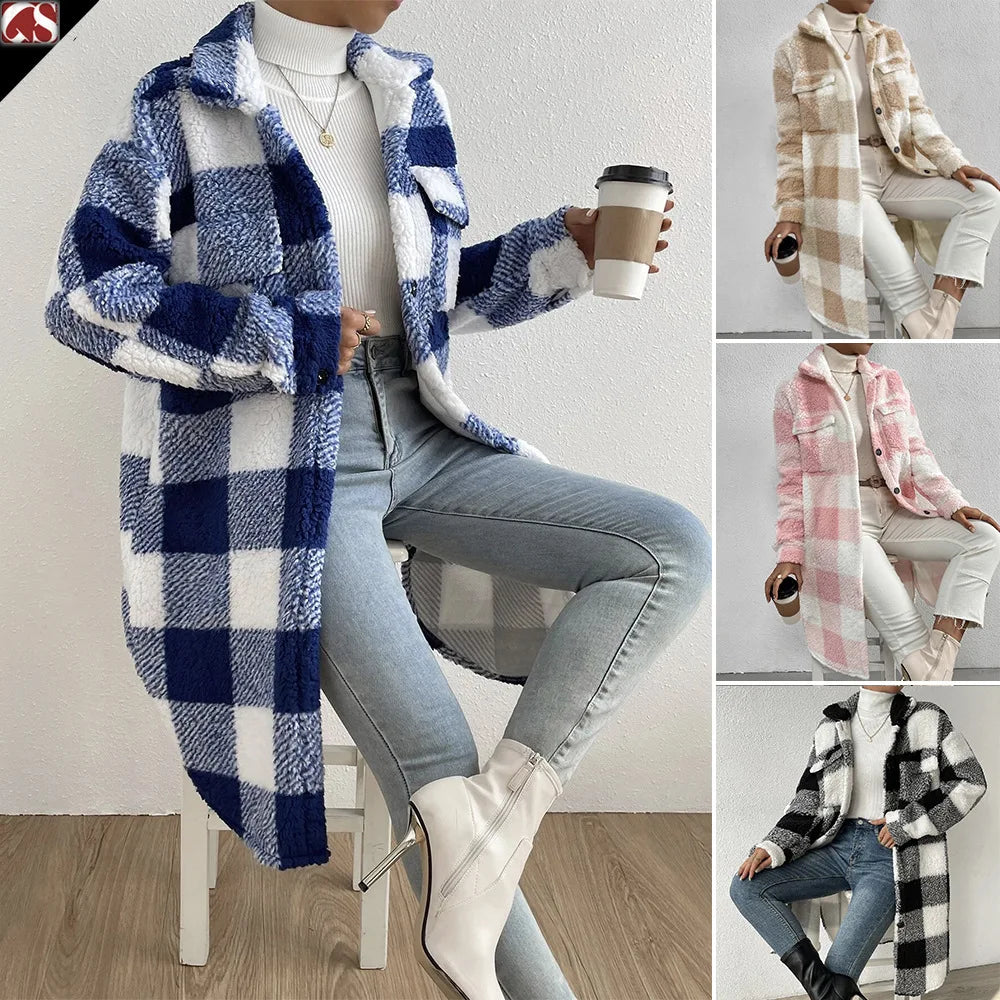 Women Long Plaid Fleece Sweatshirt Coat Autumn Winter Turn Down Collar Long Sleeve Pocket Button Loose Flurry X-Long Trench Coat