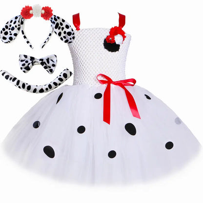 Dalmatian Costume Kids Cute Flowers Spotted Dog Tutu Dress Toddler Girls Halloween Festival Party Animal Puppy Dress Up Outfits