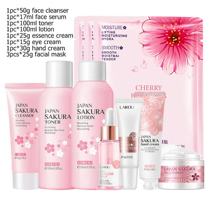 Kit de produits pour le visage Sakura / Crème visage au thé vert Crème nourrissante pour la peau Sérum visage Crème lissante pour les yeux Soin coréen