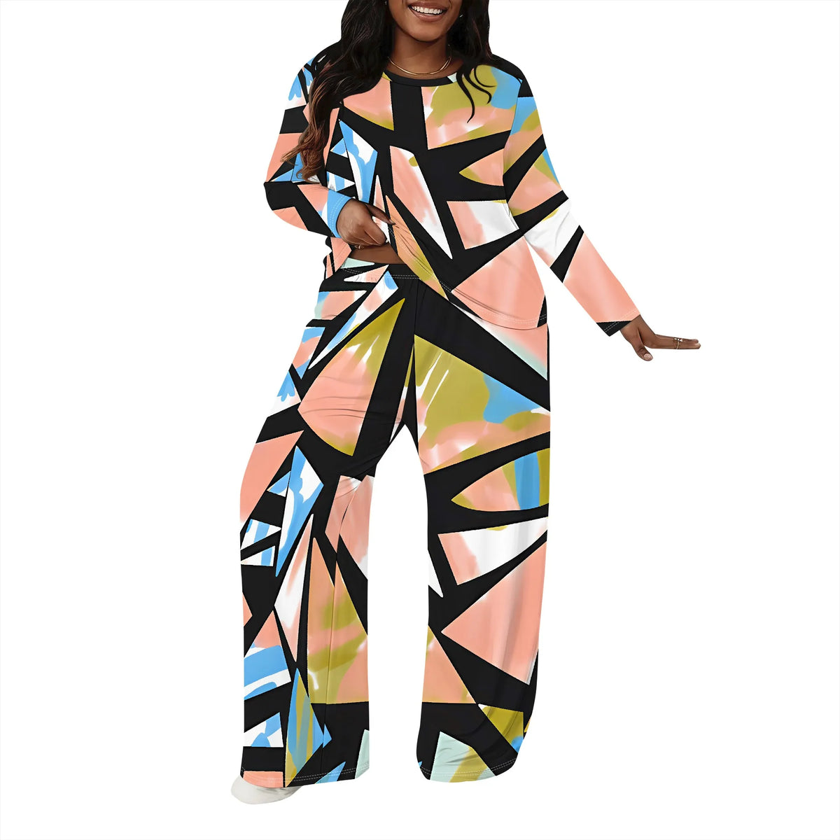 Plus size Women two-piece set with 3D geometric print casual loose round neck long sleeved two-piece set (pocket)
