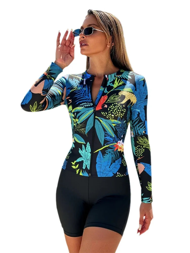 Two Piece Swimsuit Women 2026 New Print Long Sleeves Zipper Sexy Swimwear Summer Shorts Beachwear Bathing Suit Female Swimming