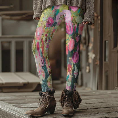 Colorful Blooming Flowers Pattern Women's Leggings Autumn Winter Warm Fashion Tights Stylish Outdoor Look Fashion Streetwear