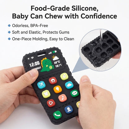 Baby Dinosaur Phone Teething Toy Food Grade Silicone Chew Molar Stick BPA Free Boilable Cute Toddler Teether Soothing Gum Relief
