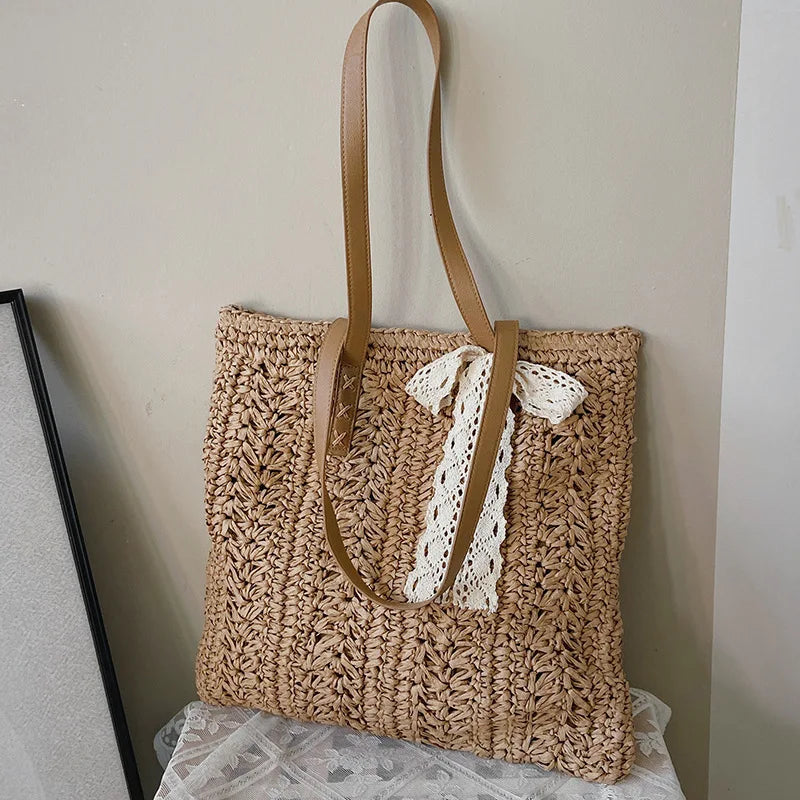 Sac de plage carré creux en paille tissé à la main Sac à bandoulière