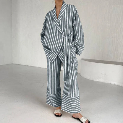 Women's Two-piece Set  Autumn New Striped Long-sleeved Loose Lace-up Top High-waisted Trousers Fashion Casual Suit for Women