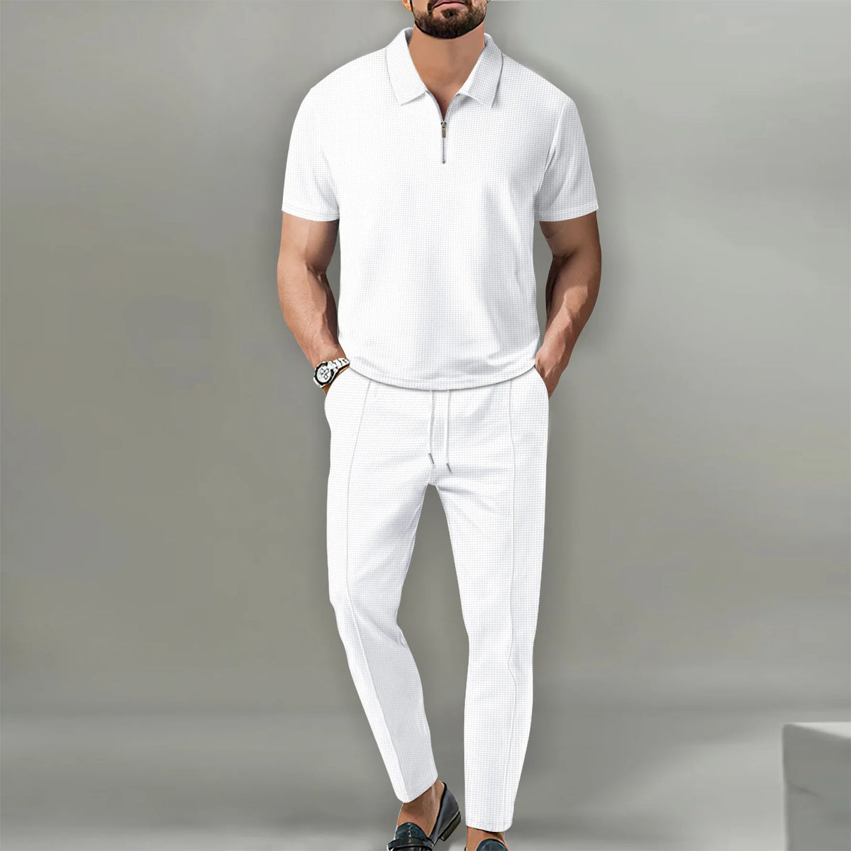 Ensemble Polo et Short de Sport pour Homme, Manches Courtes, Chemise Polo Élégante avec Fermeture Éclair et Short, Ensemble Décontracté Streetwear 2 Pièces pour Homme