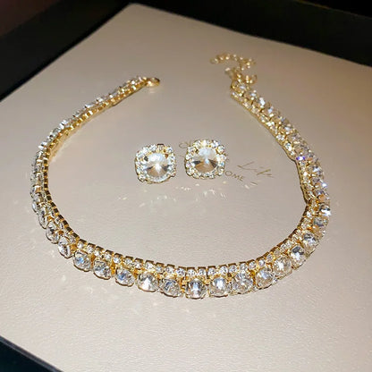 Luxury Green Rhinestone Necklace Stud Earrings For Women Crystal Choker Necklaces Ladies Fashion Weddings Banquet Jewelry Set K
