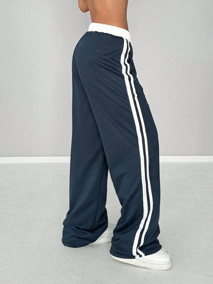Women’s Colour-Blocked Digital-Print Belted Patchwork Casual Sports Streetwear Loose-Fit Long Sports Trousers