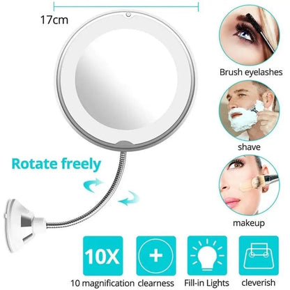 Miroir de Maquillage Flexible Col de Cygne avec Lumière LED Miroir Grossissant 10X Ventouse Lumière Diffuse Brillante et Pivotant à 360 Degrés