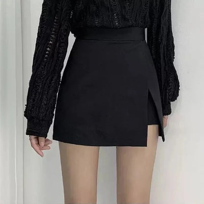 Mini-jupes noires Femme Fentes latérales irrégulières Taille haute Jupes-shorts trapèze Été Mode coréenne Chic Jupe portefeuille Femme