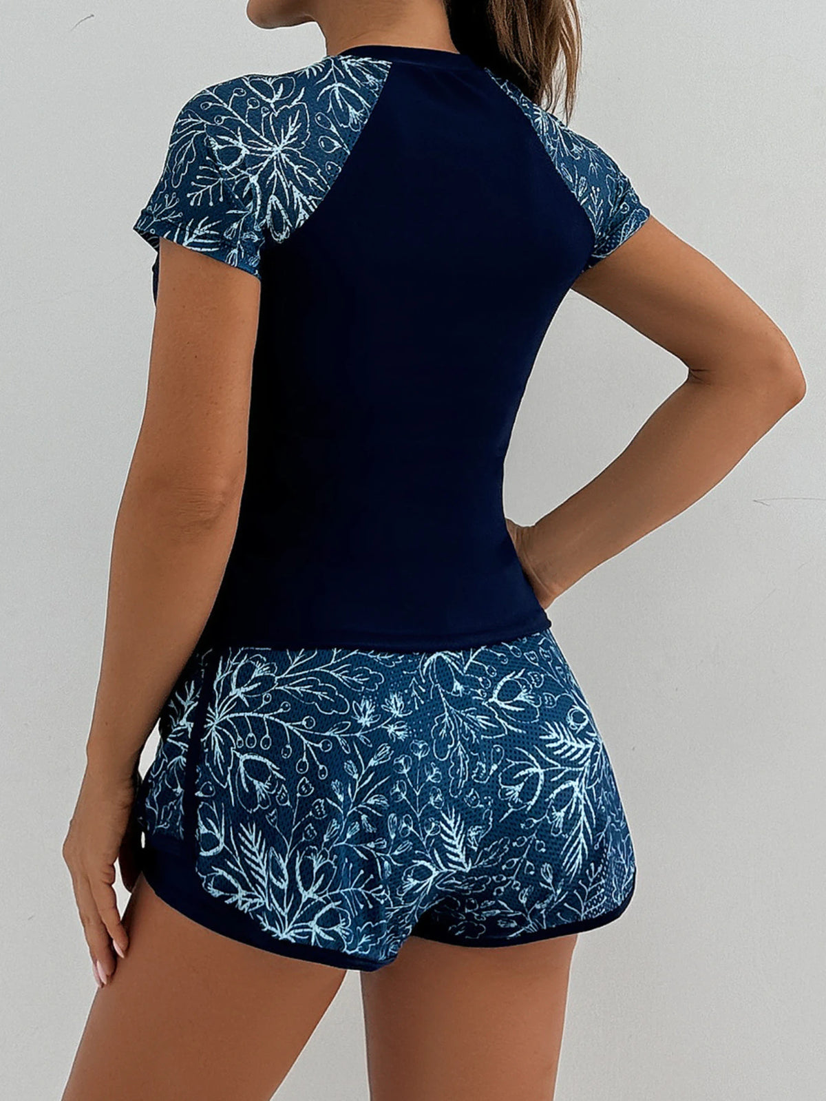 Sports Swimsuit for Women 2 Piece Swimsuit High Waist Tankini Short Sleeve Round Neck Patchwork Bikini Set Swimwear 2025 New