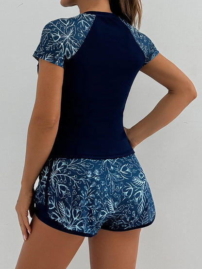 Sports Swimsuit for Women 2 Piece Swimsuit High Waist Tankini Short Sleeve Round Neck Patchwork Bikini Set Swimwear 2025 New