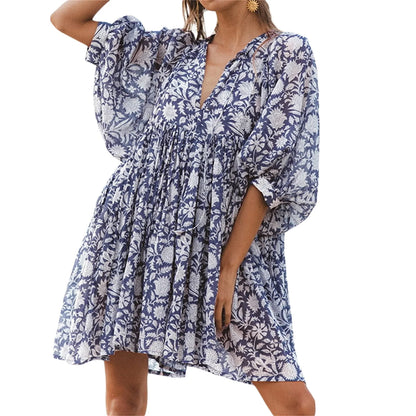 Women's Mini Dress, Half Sleeve V-Neck Lacing Flower Print Pleated Loose Summer Dress for Casual Daily