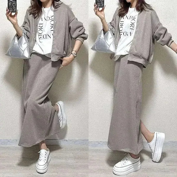 Women Two Piece Sets Skirt Set Full Sleeve Ribbed Neck Tops Plain Skirts A Line Elastic Waist Y2k Streetwear Elegant Work Spring
