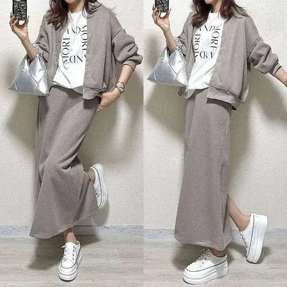 Women Two Piece Sets Skirt Set Full Sleeve Ribbed Neck Tops Plain Skirts A Line Elastic Waist Y2k Streetwear Elegant Work Spring