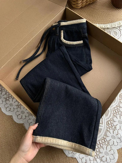 Jean en Denim Doux Bleu Rétro pour Femme, Pantalon Large Hiver Nouveau Style Décontracté, Tendance, avec Cordon et Fermeture Éclair