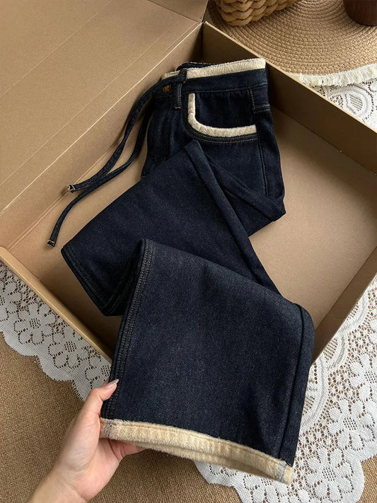 Jean en Denim Doux Bleu Rétro pour Femme, Pantalon Large Hiver Nouveau Style Décontracté, Tendance, avec Cordon et Fermeture Éclair