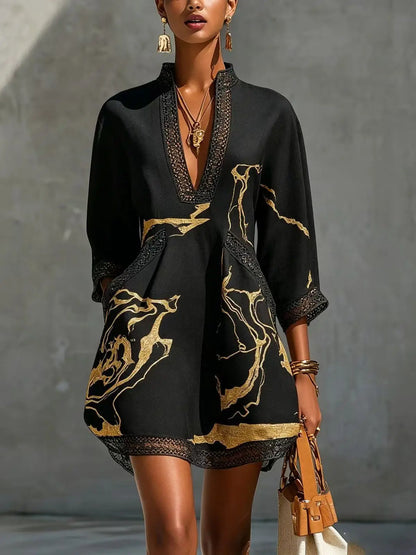 B Elegant Mini Dress for Women Fashion Lace Trim V Neck Abstract Print 3/4 Sleeve Pocket Dress Casual Commuting Vacation Dresses