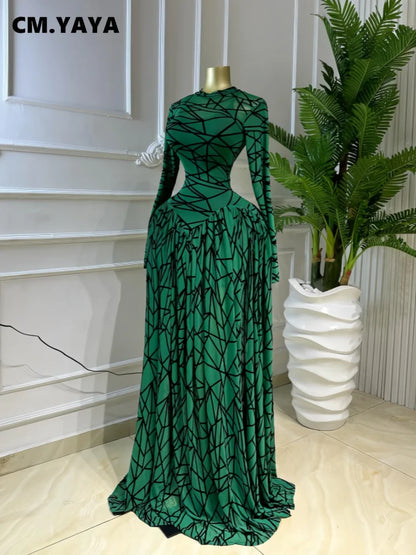 CM.YAYA Robe longue maxi imprimée à manches longues et col rond pour femme 2026, pour soirée, anniversaire, vacances, fête sexy, club, Vestidos