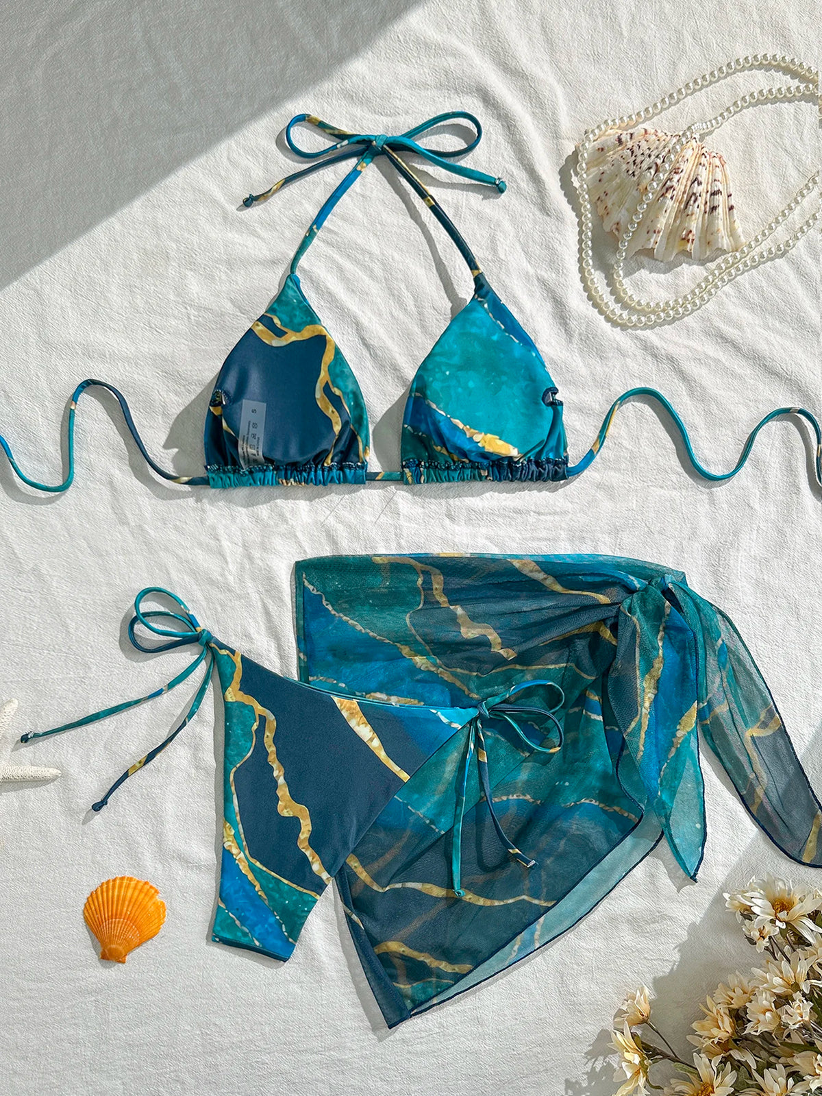 Women's Three-Piece Swimsuit Set, Blue Marble Print, Sexy Bikini with Tie-Up Triangle Top, Tie-Up Briefs, Mesh Skirt, Wrap Skirt, Beach Swimwear
