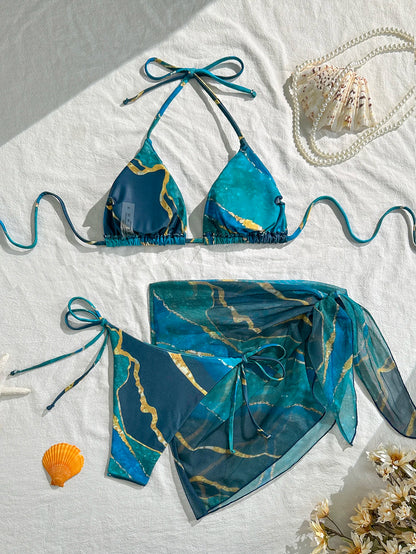 Women's Three-Piece Swimsuit Set, Blue Marble Print, Sexy Bikini with Tie-Up Triangle Top, Tie-Up Briefs, Mesh Skirt, Wrap Skirt, Beach Swimwear
