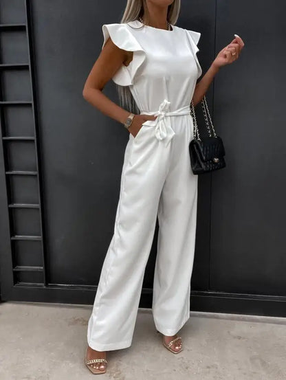 Jumpsuit with lace up high waist elegant women's solid color straight tube fashionable ruffle edge sleeves dating jumpsuit