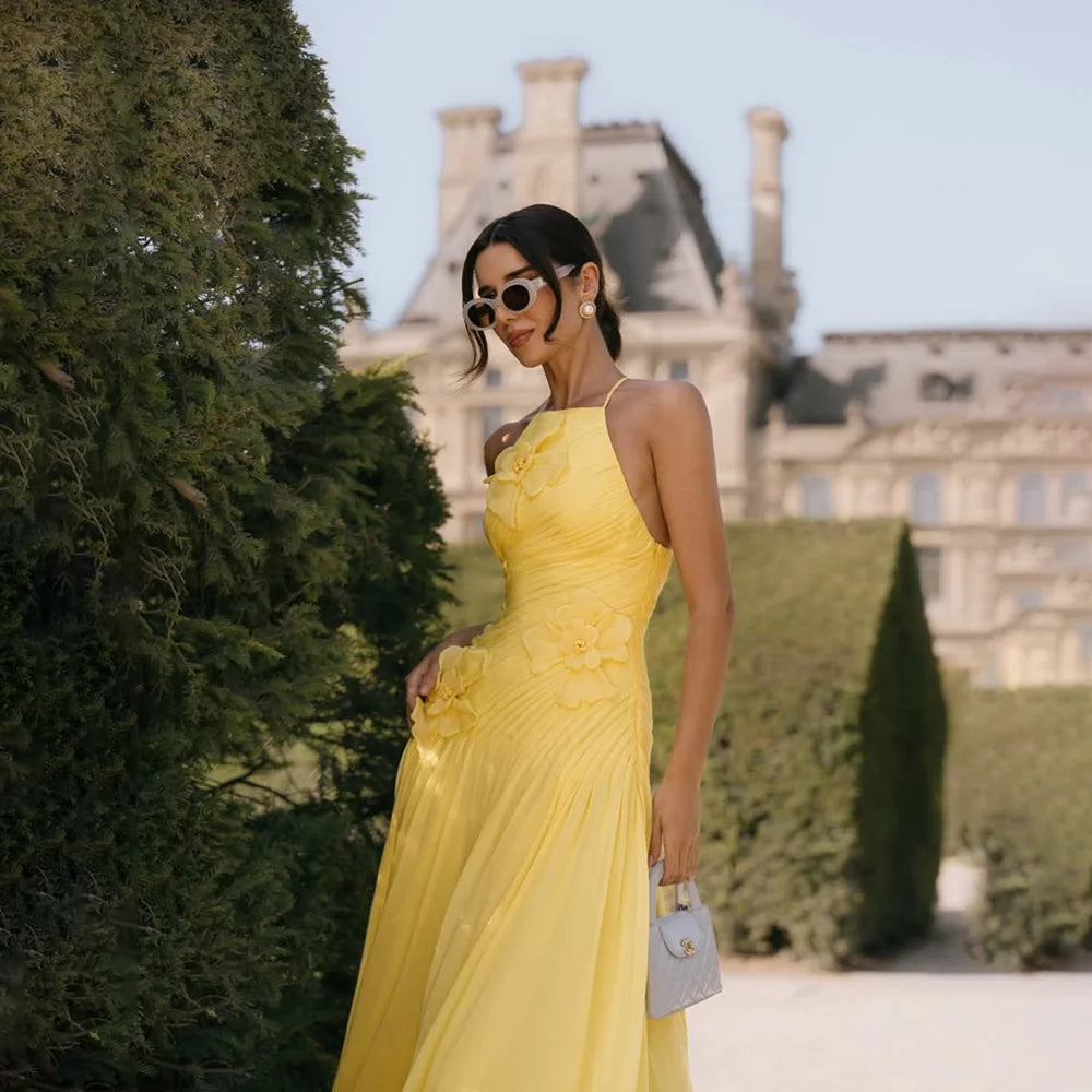 Elegant Party Dress for Women Halter Neck Sleeveless A Line Pleated Chiffon Applique A Line Yellow Long Evening Dress Customized