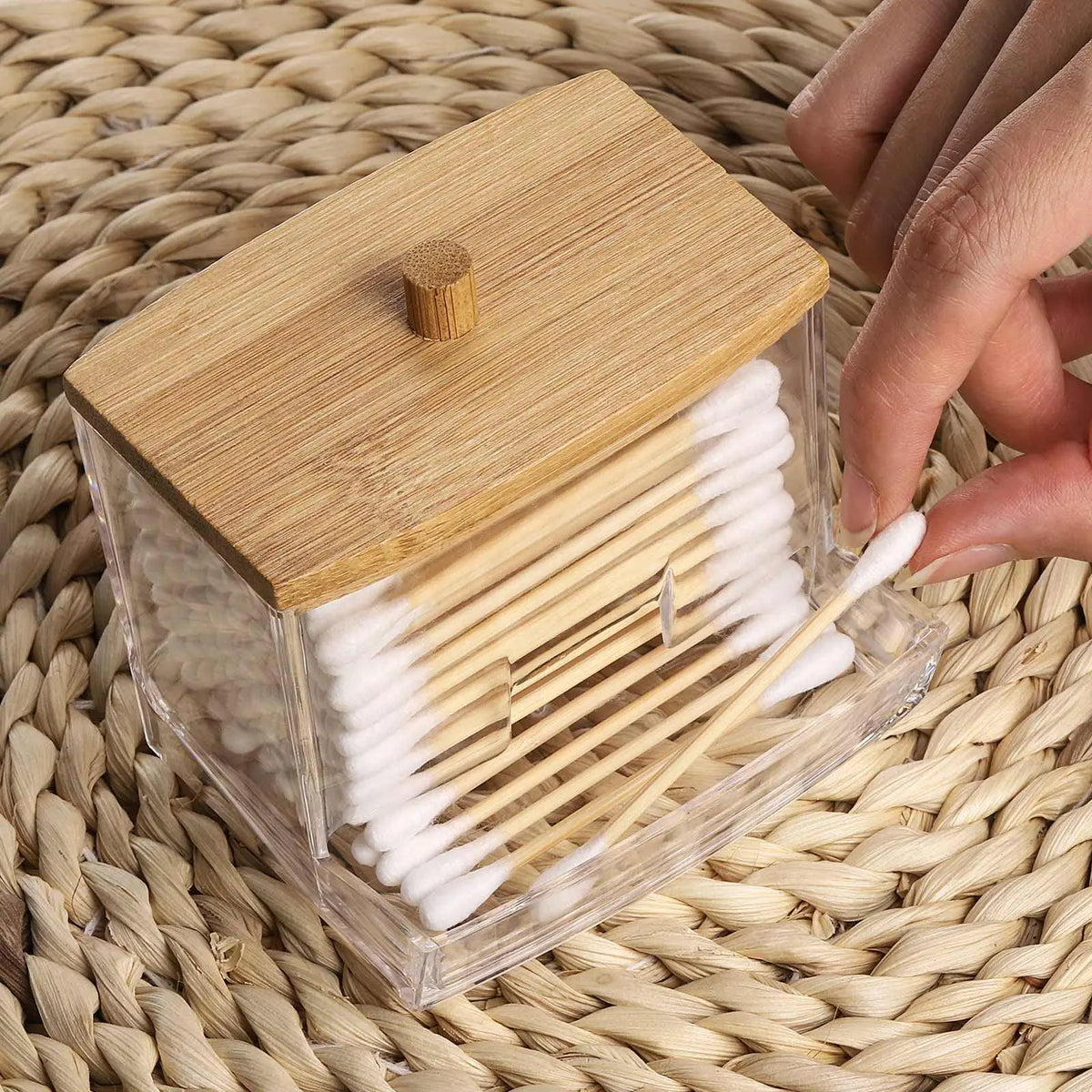 Acrylic Cotton Swab Holder with Bamboo Lid - Clear Cotton Swab Dispenser Bathroom Container Cotton Swab Canister