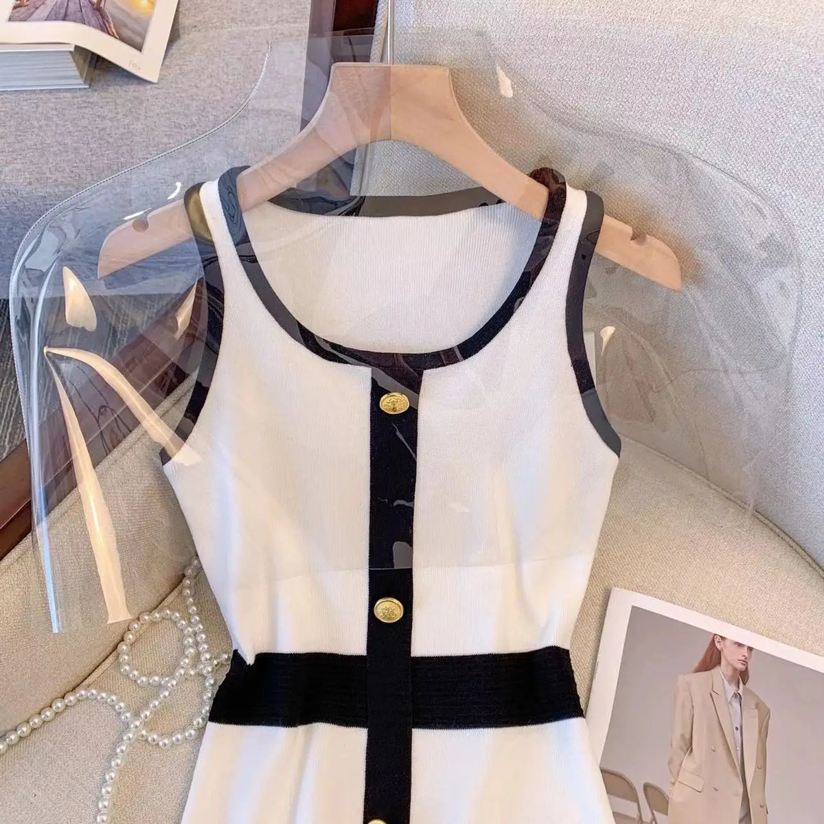 Short Mini Knitted Dress Women Summer Casual Metal Single Breasted Slim Dresses High Waist Elegant O-neck Dress Sleeveless