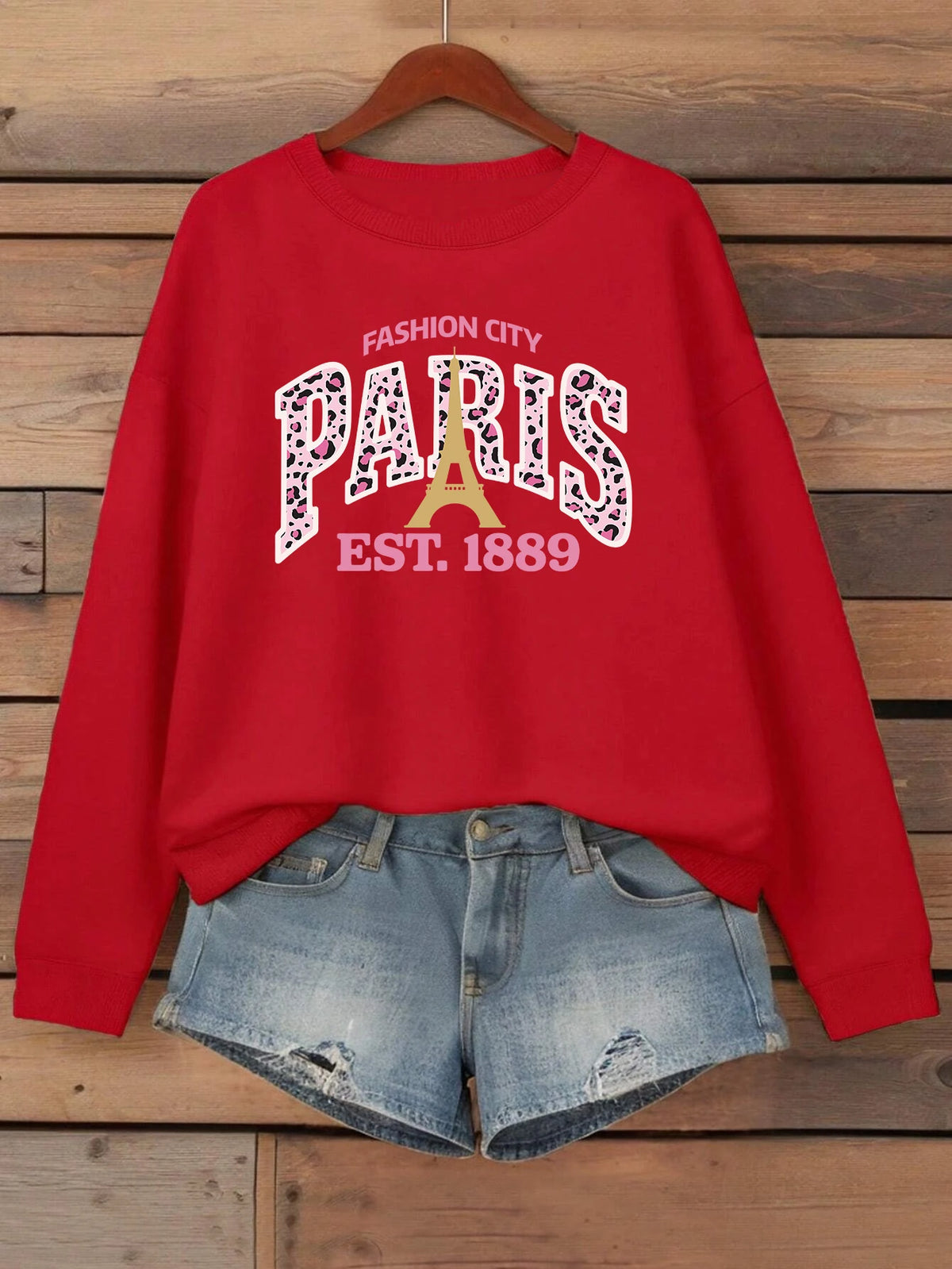 Pull Femme Imprimé Léopard Rose Paris 1889 Col Rond Sweat-shirt Décontracté Ample Vêtement Polaire Hip Hop Sportswear