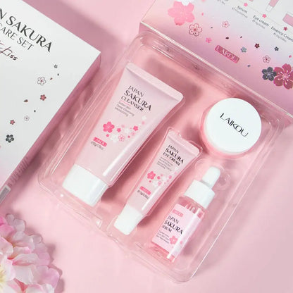 Coffret de Soins du Visage Nettoyage de la Peau Sakura Coffret de Soins pour Femmes et Filles avec Nettoyant, Tonique, Sérum Visage, Crème et Crème Contour des Yeux